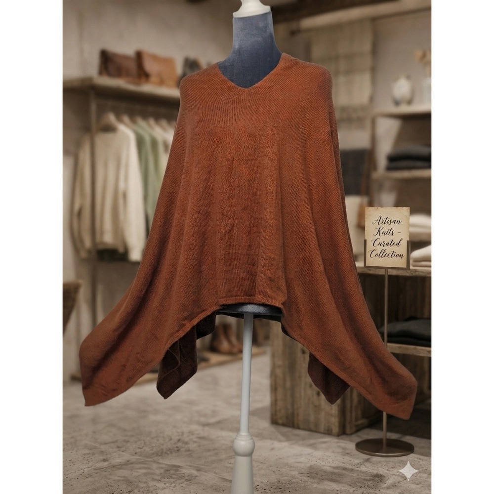 J.Crew Women Burnt Orange Cotton Cashmere V-Neck Knit Poncho Sweater Scarf OS